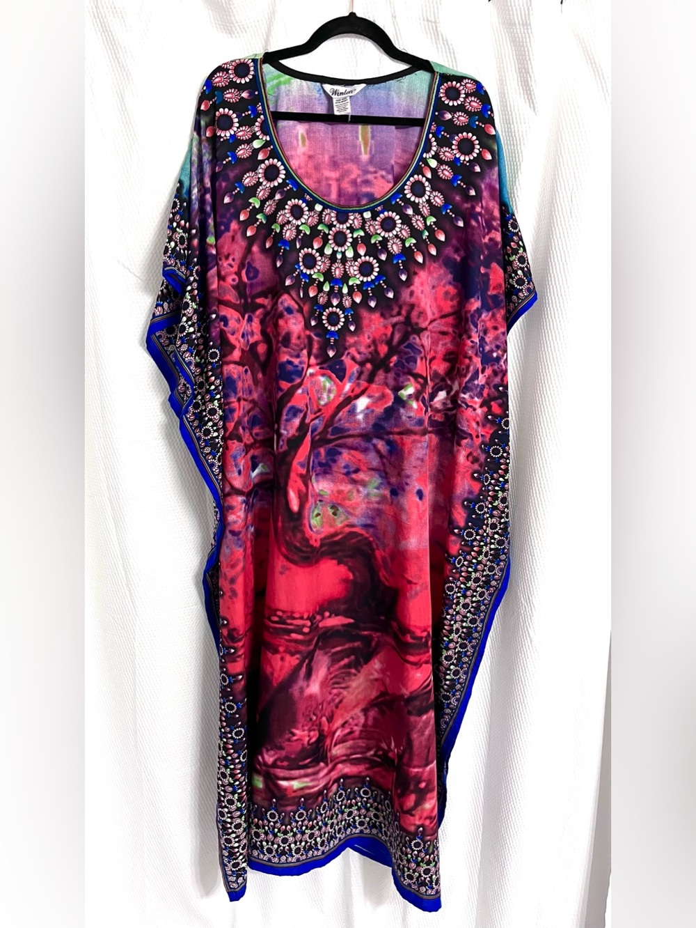 Winlar Multicolor Scoop Neck Kaftan - Vibrant Pink Print